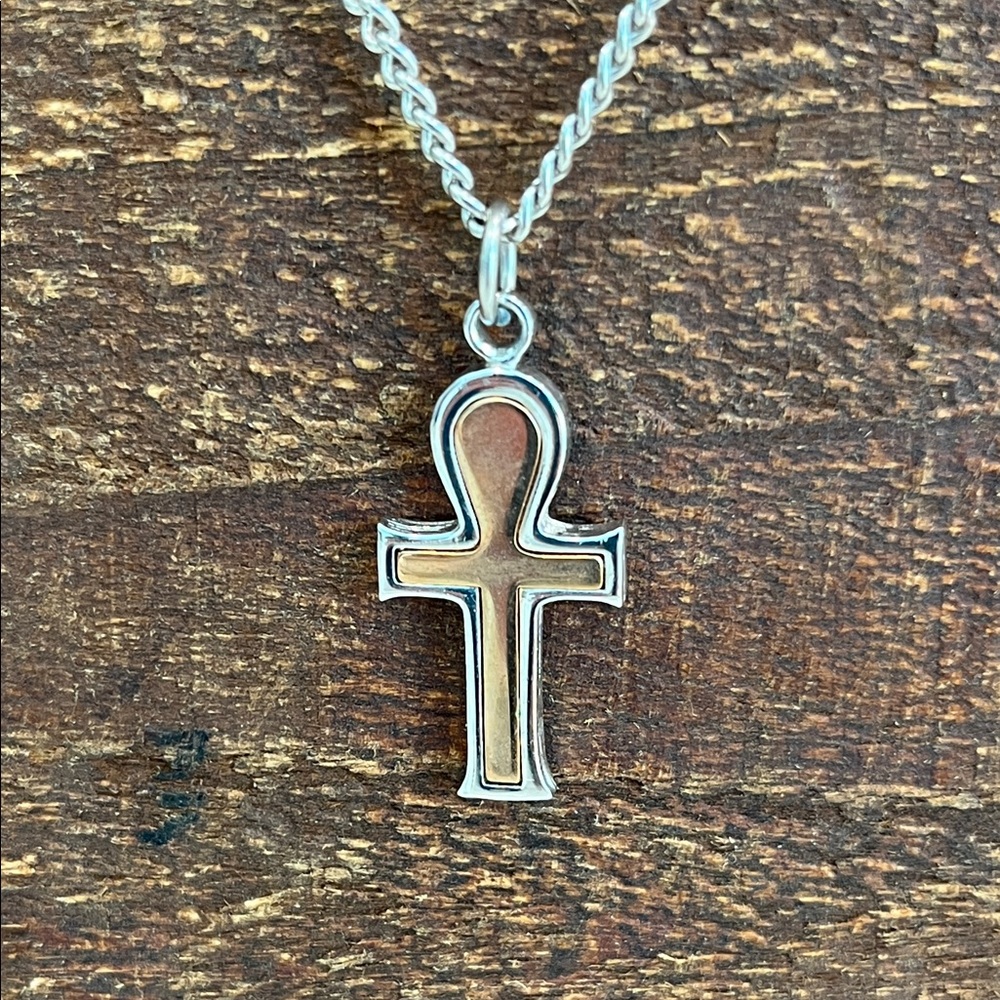 Silver Ankh Cross Pendant Necklace Two Tone